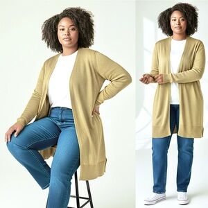 Jessica London Long Gold Cardigan Sweater Knit Shimmer Metallic Open-Front